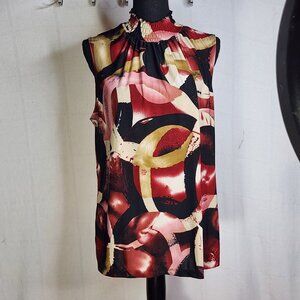 Sere Nade New York Dark Red Pink Tan Black High Mock Neck Sleeveless Poly Top 1X